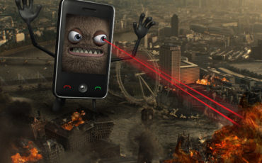 An evil mobile phone's rampage on London destroying the city with its laser eyes