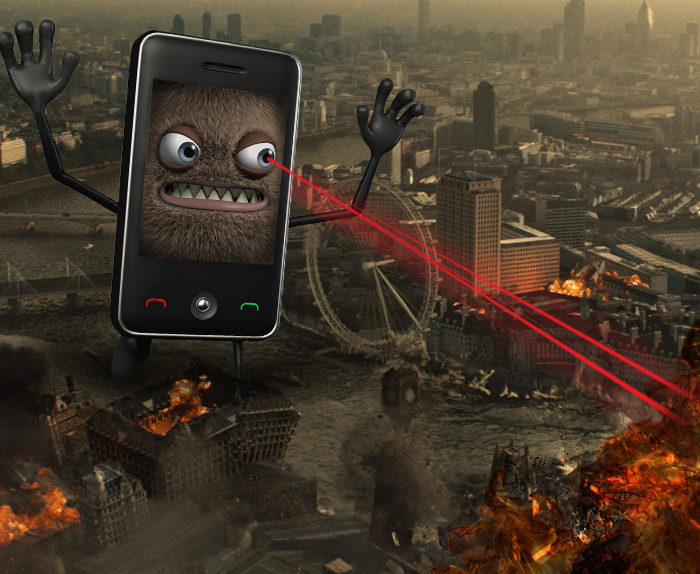 An evil mobile phone's rampage on London destroying the city with its laser eyes