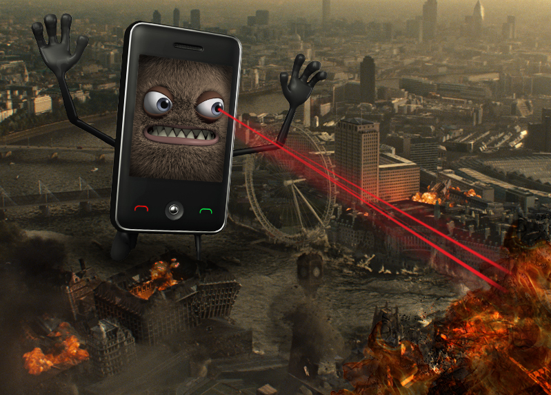 An evil mobile phone's rampage on London destroying the city with its laser eyes