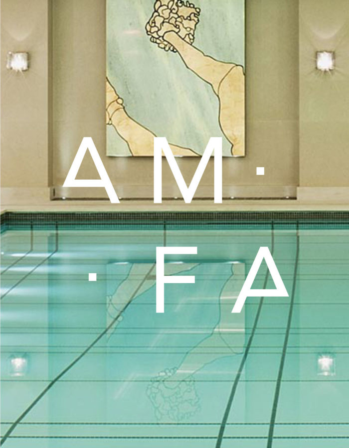 Clear blue swimming pool with an AMFA painting on the wall