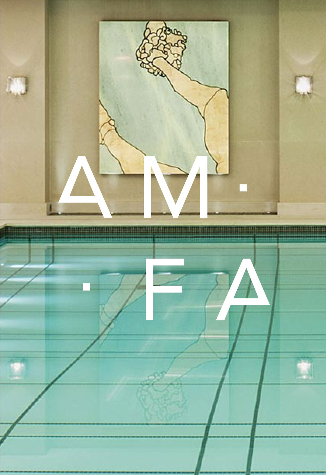 Clear blue swimming pool with an AMFA painting on the wall