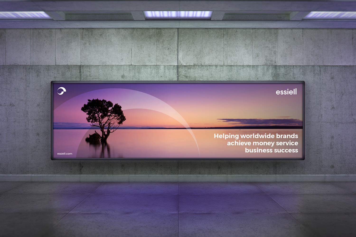 Violet beach sunset with a tree figure labelled with white text discussing their support with helping worldwide brands achieve success by Essiell