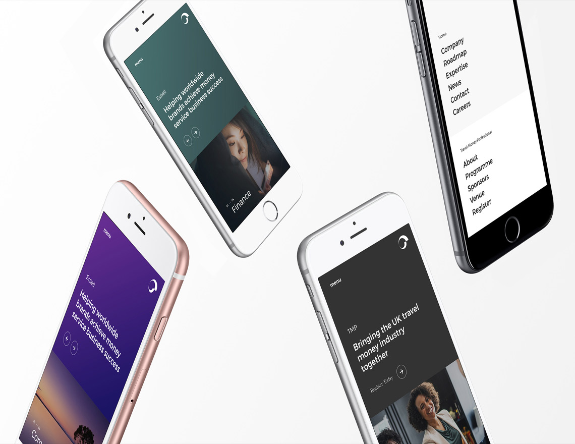 Four iPhones with webpages providing support on worldwide businesses' money services by Essiell