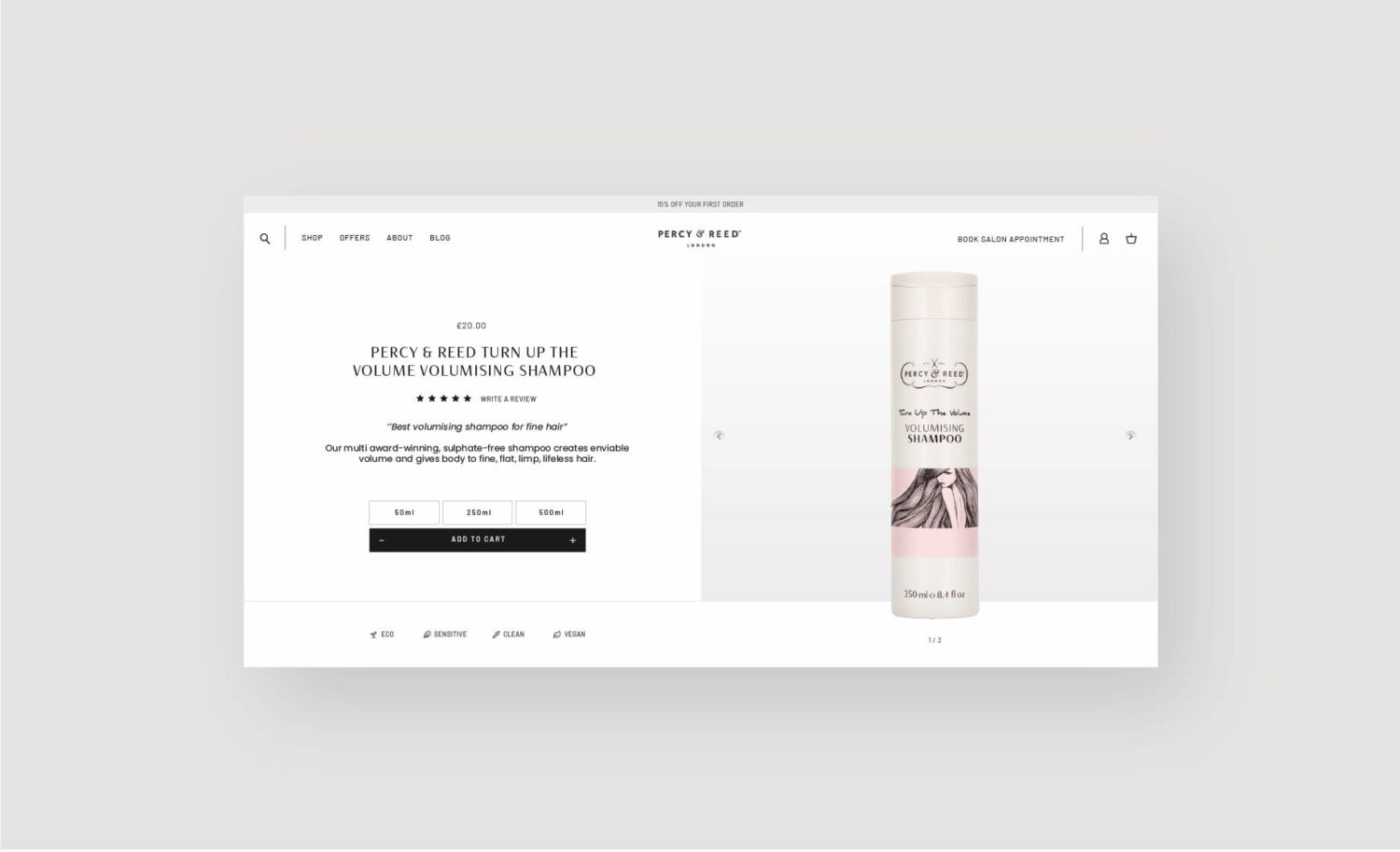 Percy & Reed Luxury beauty client - desktop website design - product page