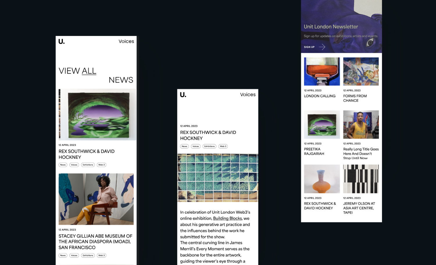 Unit London Voices mobile website UI designs