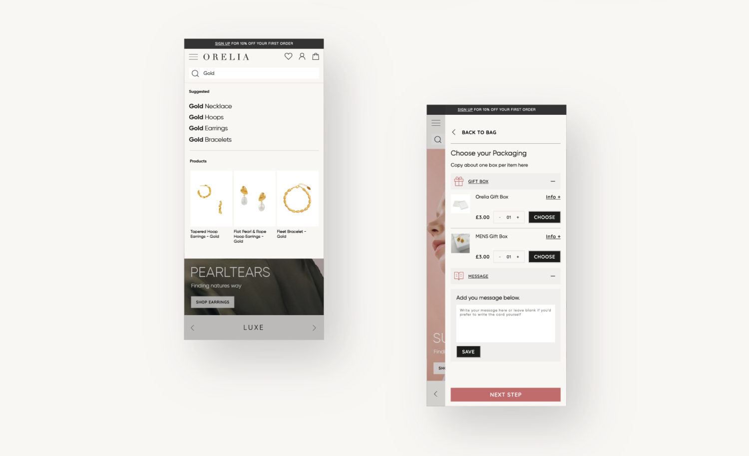 Orelia Shopify website - Shopify mobile designs for search and cart