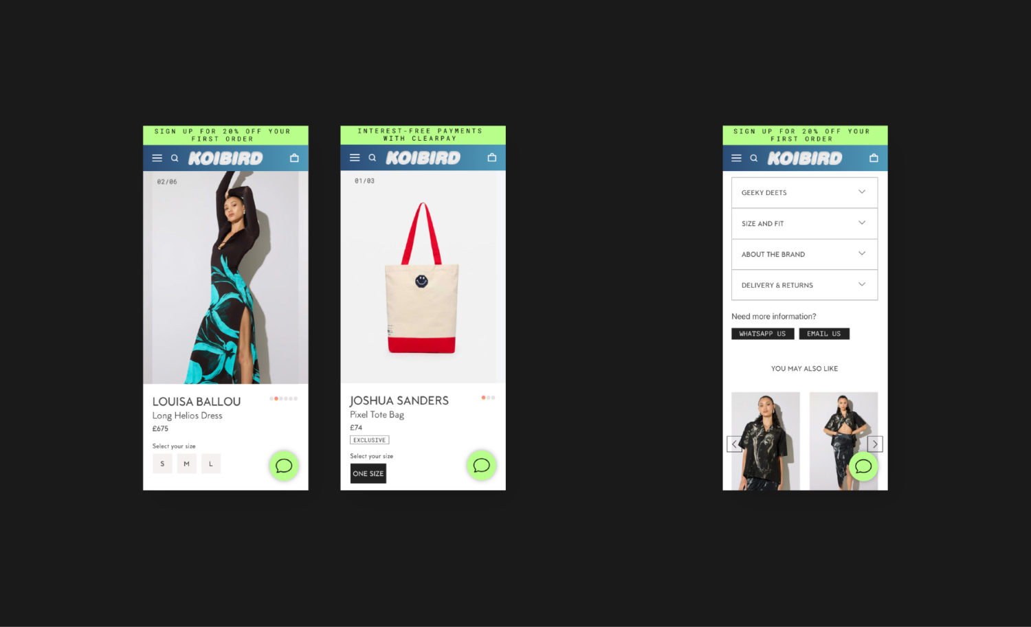 Koibird mobile website UI design mockups - client of long story short design agency