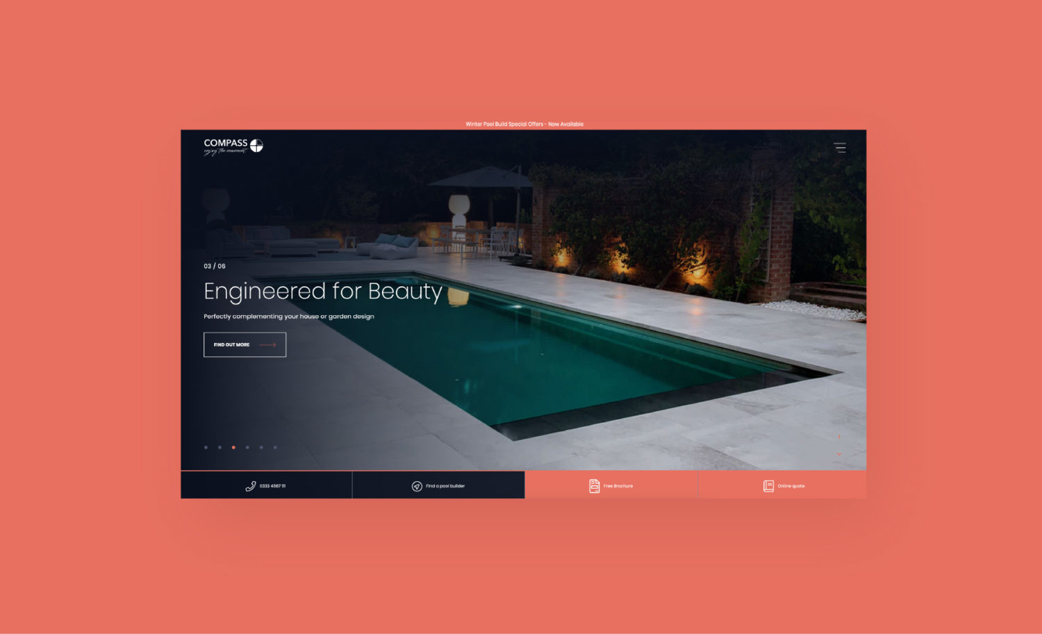 Compass Pools - homepage desktop website design mockup on coloured background