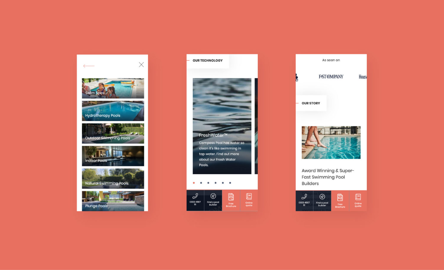 Compass Pools - mobile website design mockups