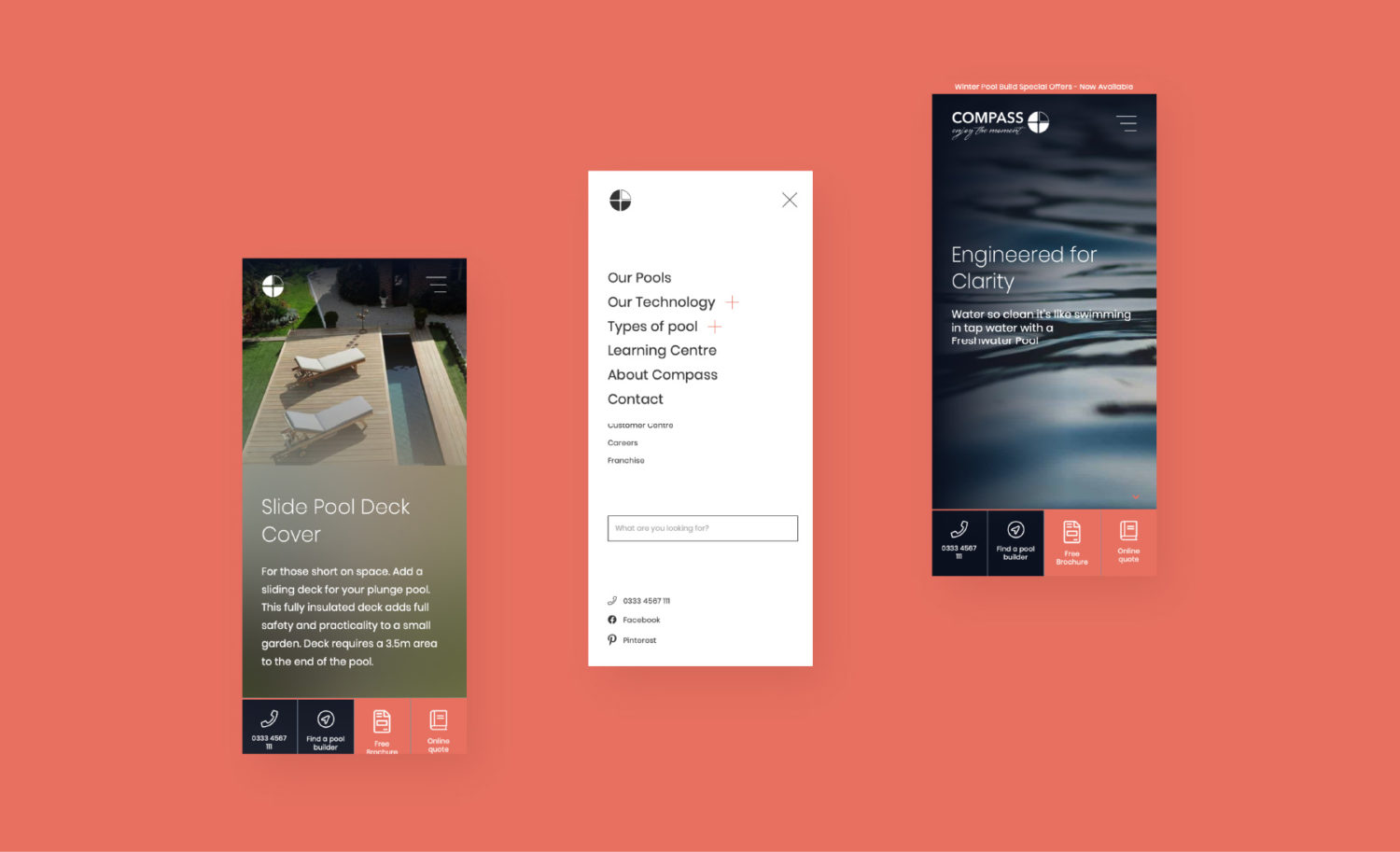 Compass Pools - mobile website design mockups of menu, landing page and homepage