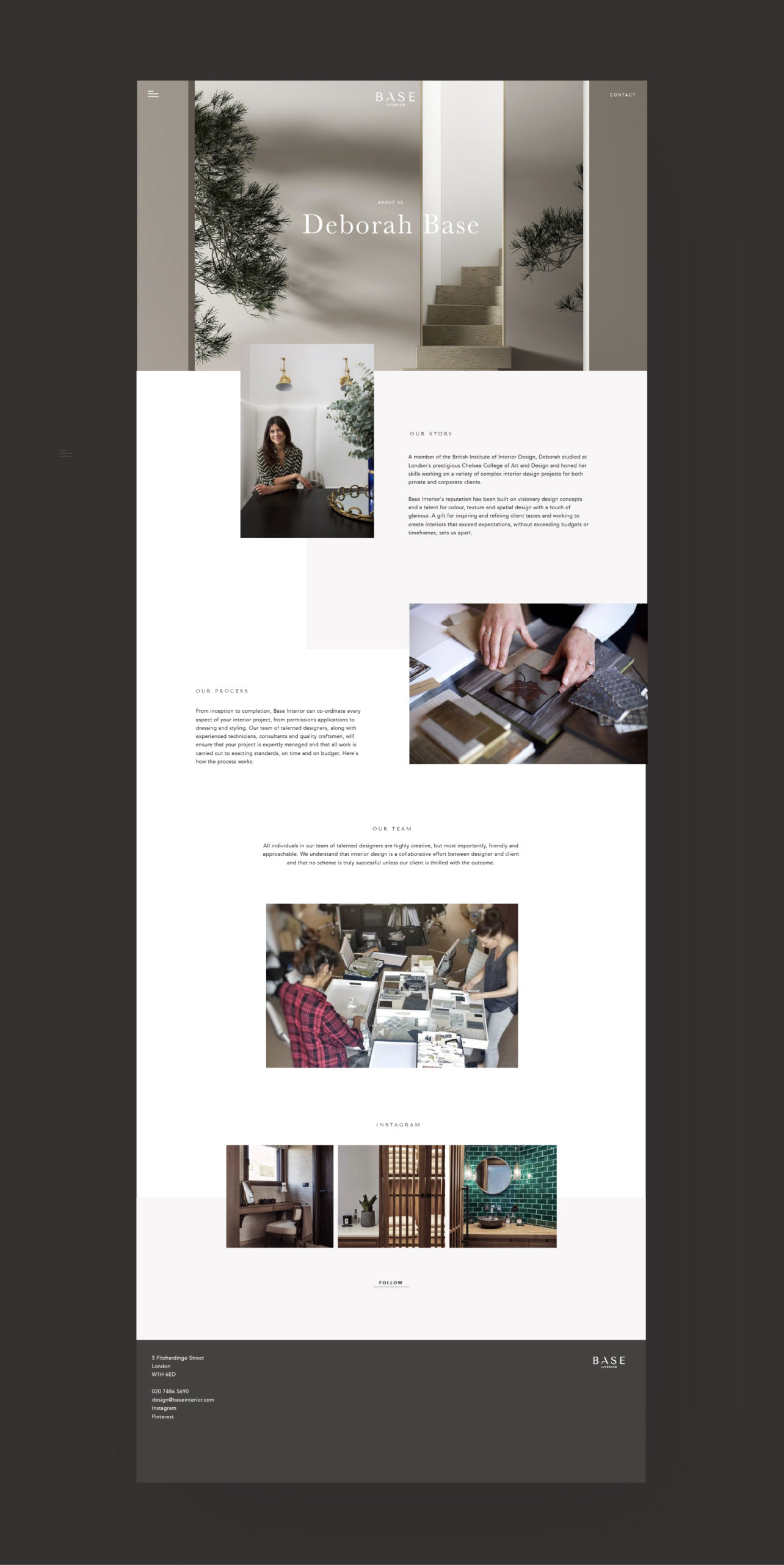 Base Interior client - desktop website design about page in full