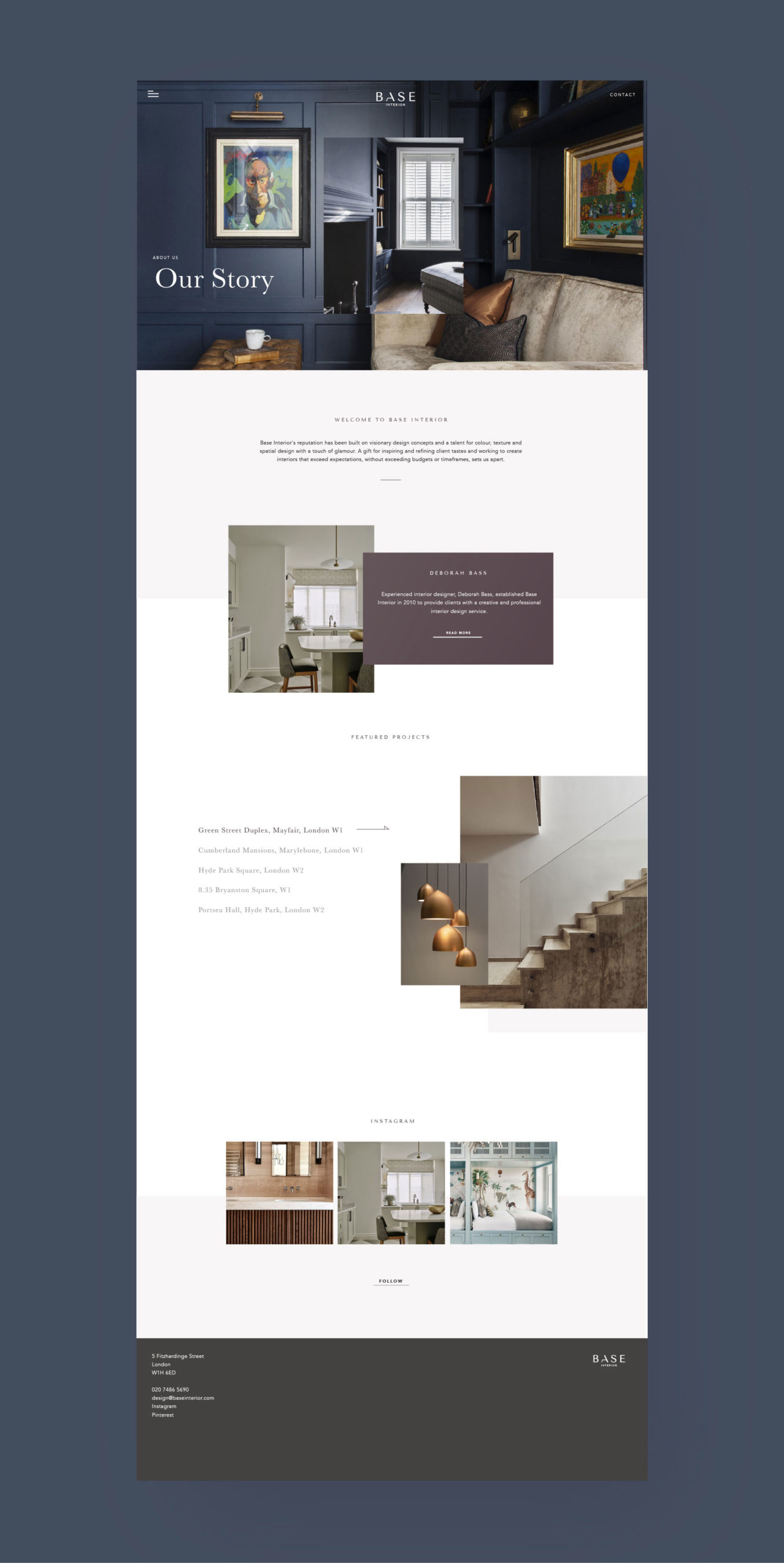 Base Interior client - desktop website design our story page full page