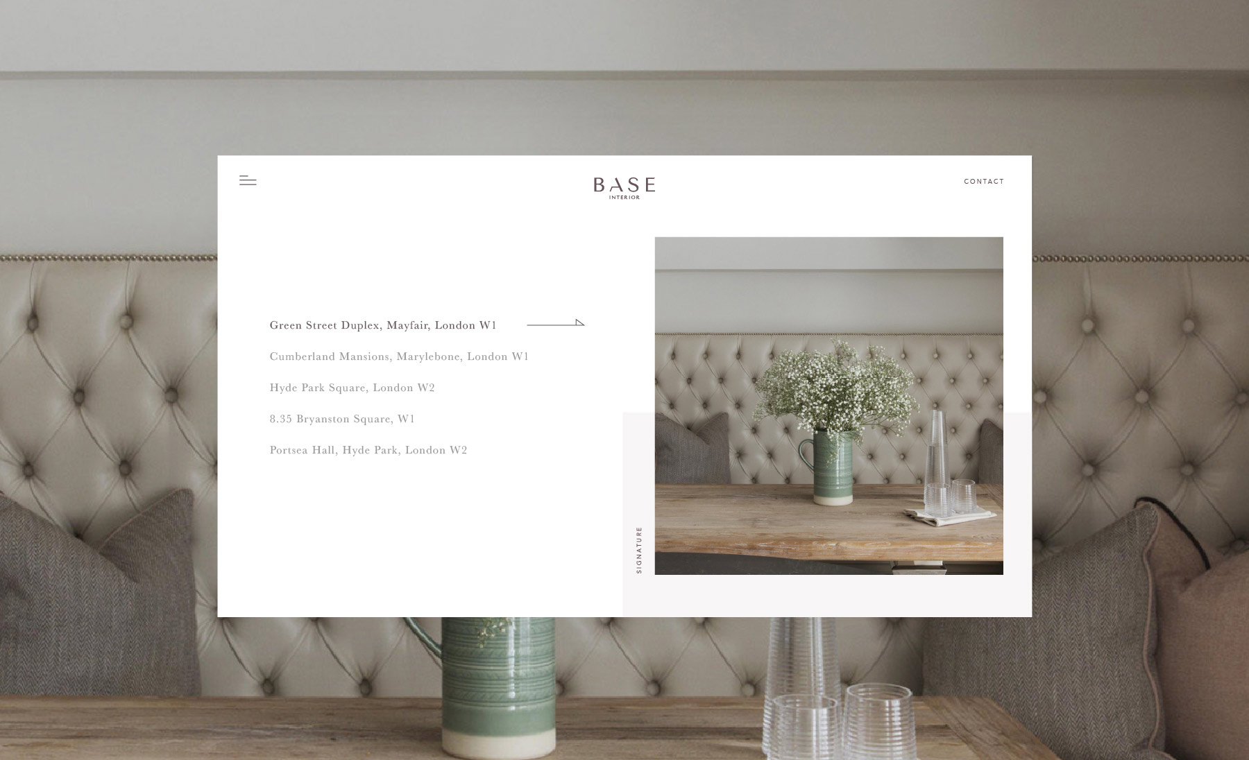 Base Interior client - desktop website design selection page