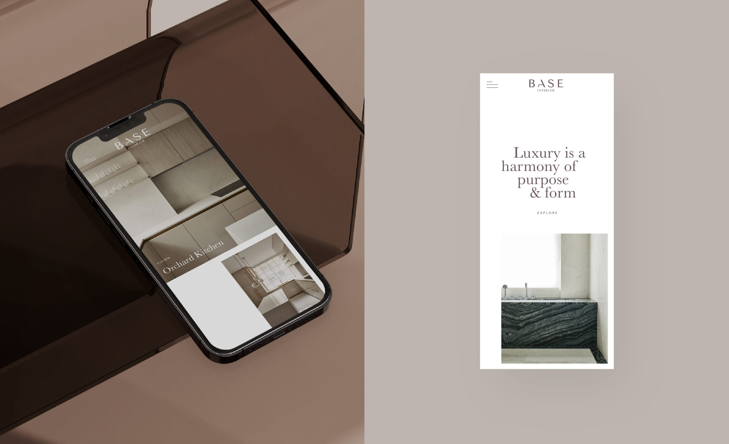 Base Interior client - mobile website design mocked up on mobile devices