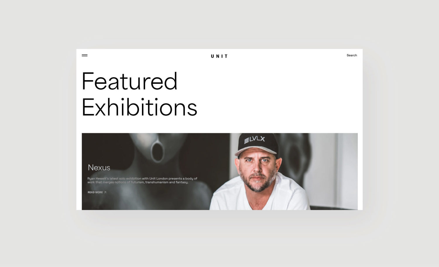 Unit London Client - featured exhibitions website design mockup for desktop