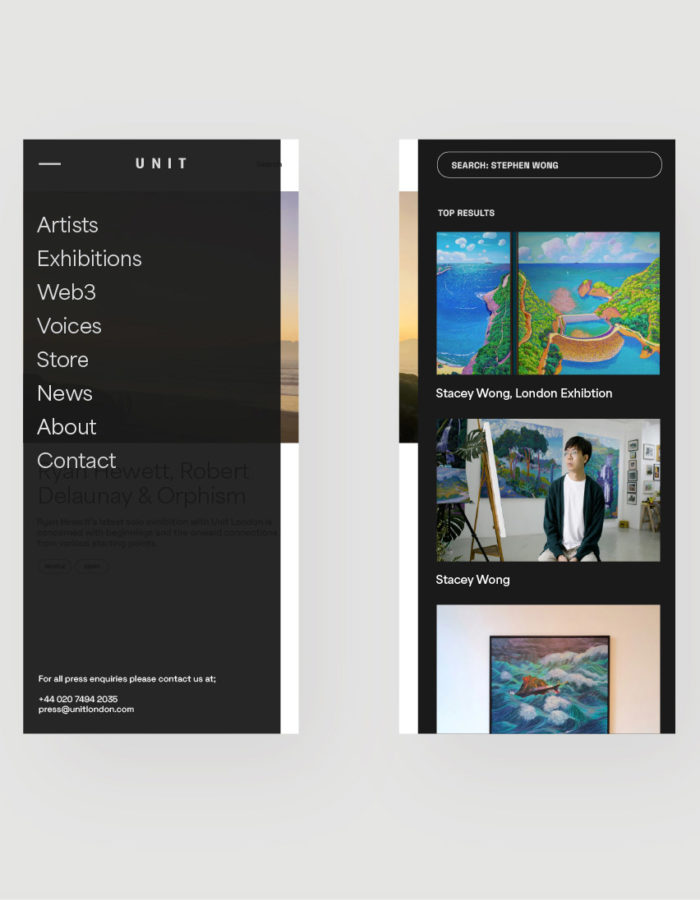 Unit London Client - mobile menu navigation and search page designs