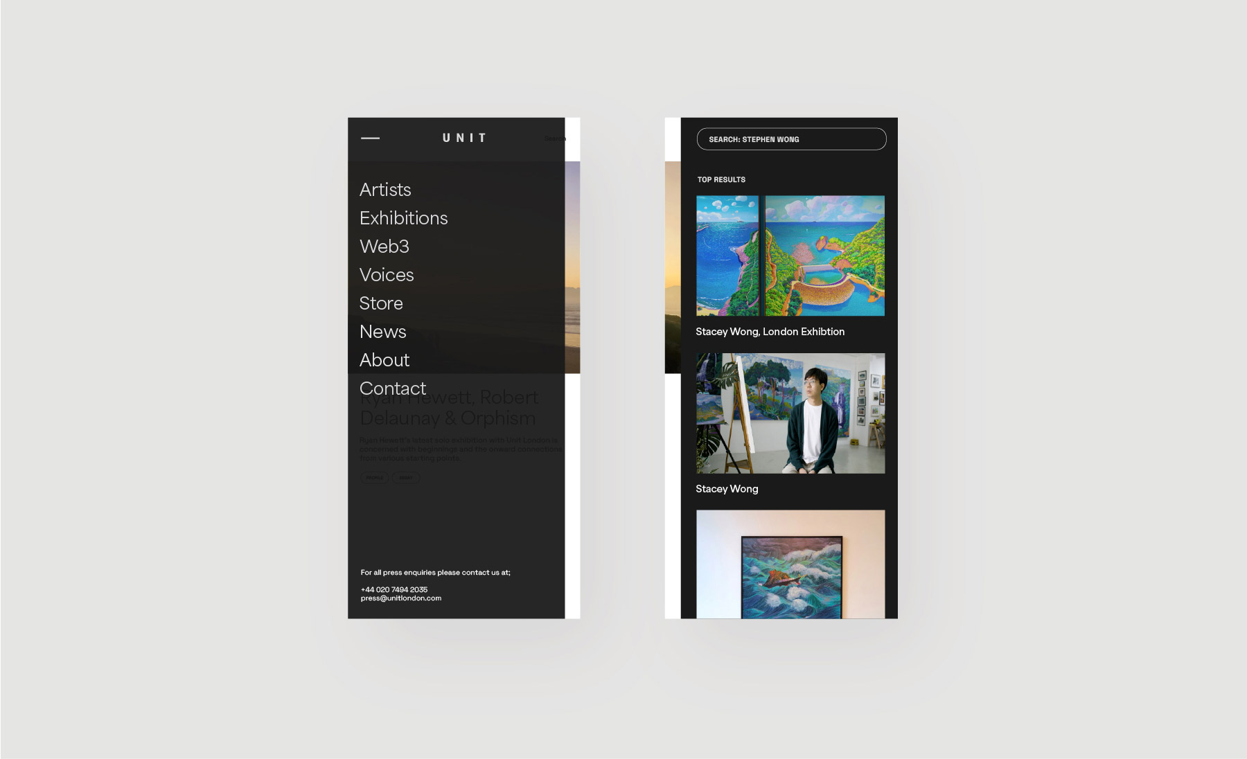 Unit London Client - mobile menu navigation and search page designs