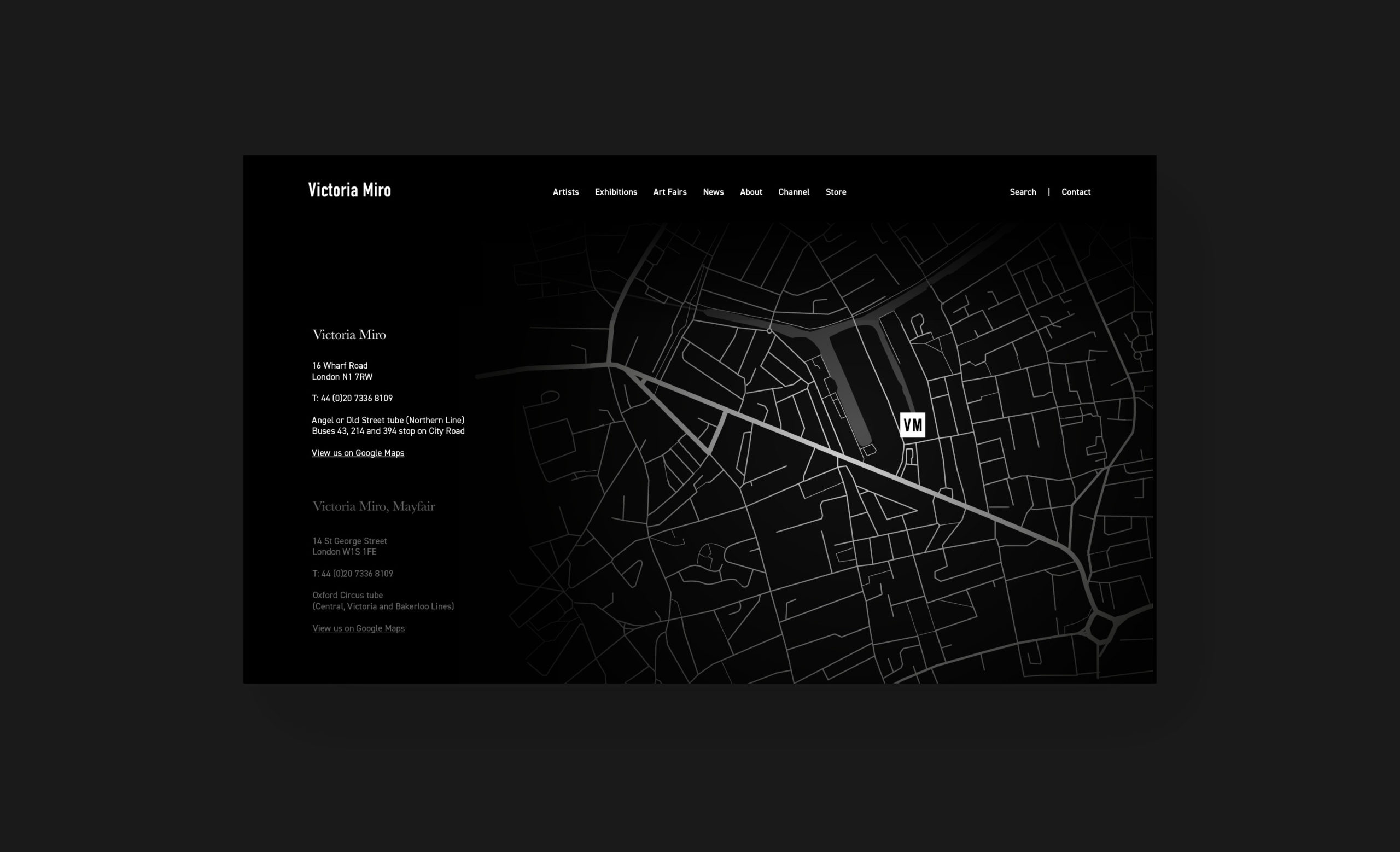 Victoria miro art gallery client - desktop web design - contact page with map