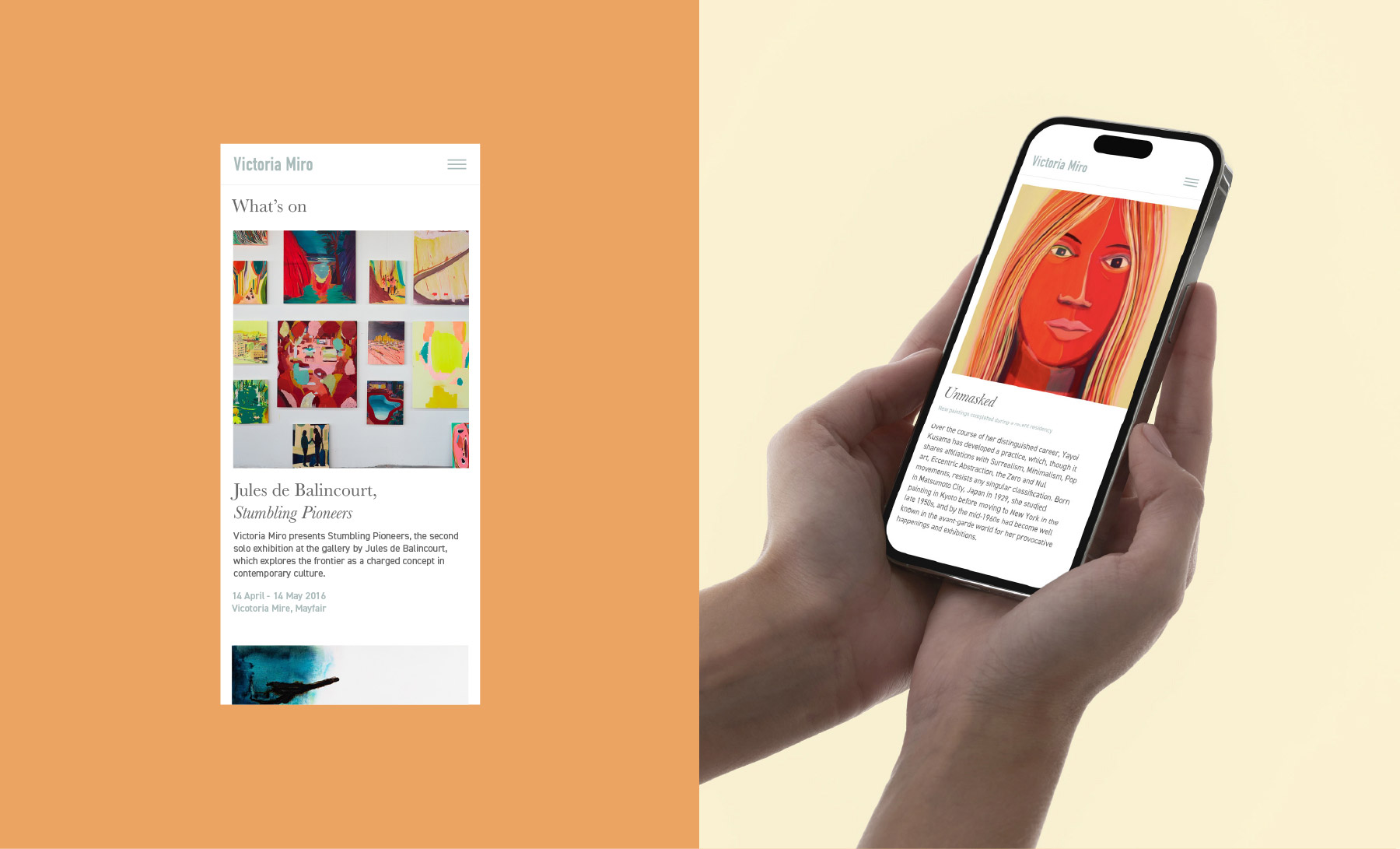 Victoria miro art gallery client - mobile web design - mocked up on iPhone device