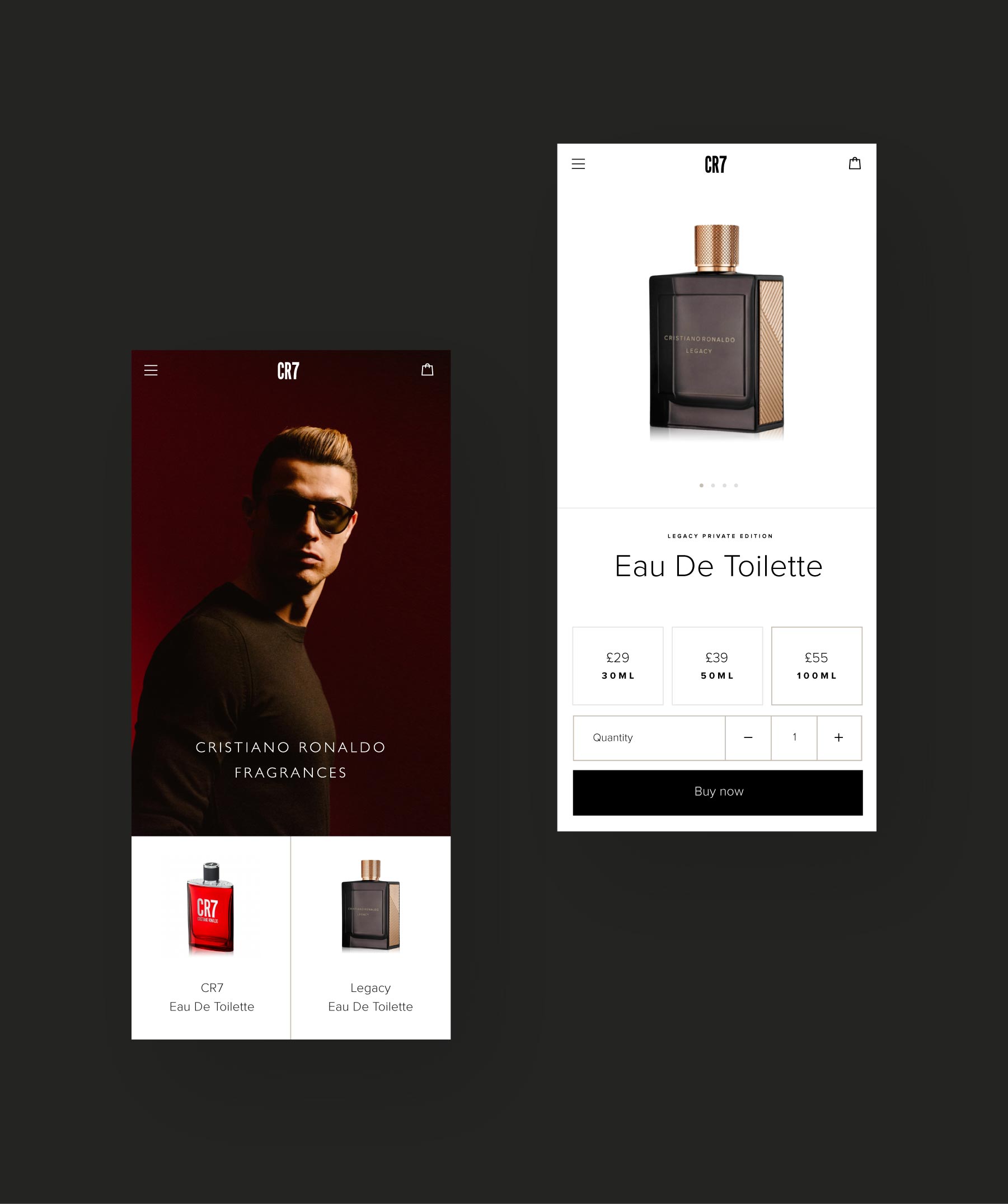 UX UI design for Cristiano Ronaldo CR7 Fragrances - examples of web design work by Long Story Short Design agency