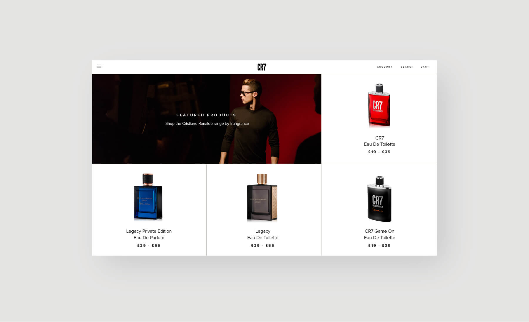 Cristiano Ronaldo's CR7 website page displaying his variety of CR7 fragrances at various price ranges