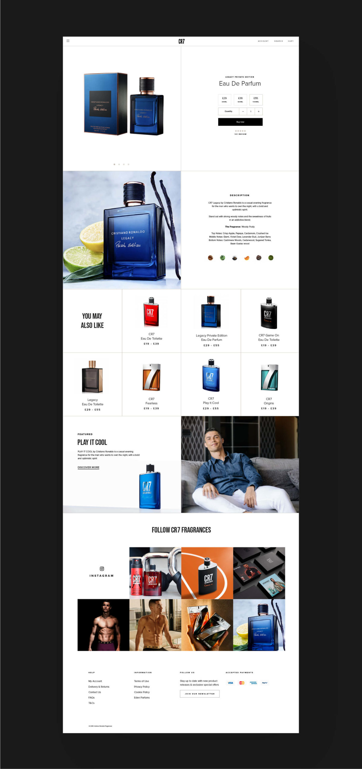 Cristiano Ronaldo's CR7 webpage displaying all of his fragrances