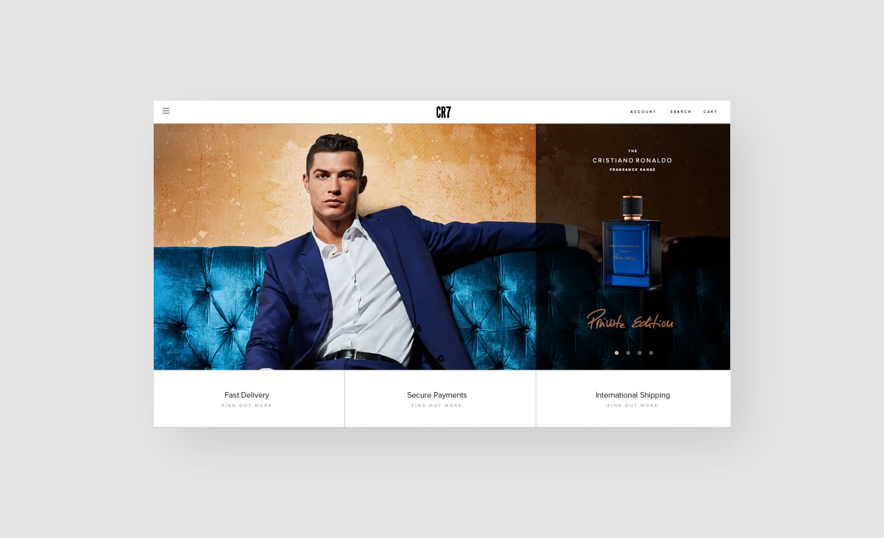 Cristiano Ronaldo in a navy suit on a turquoise couch with one of his CR7 fragrances beside him